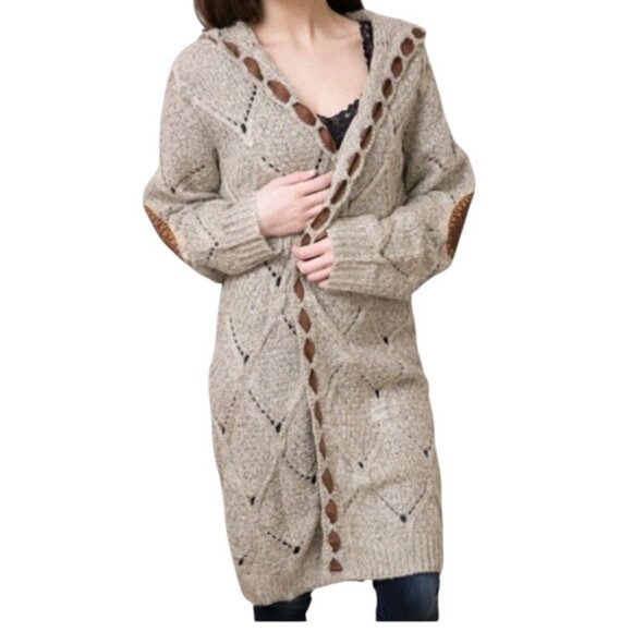 POL Cardigan Sweater M Beige Faux Suede Cable Hood Duster Long Boho Western` - Picture 3 of 16